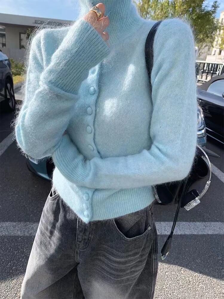 Turtleneck Button-Up Plain Cardigan