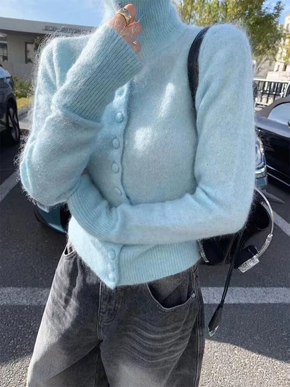 Turtleneck Button-Up Plain Cardigan