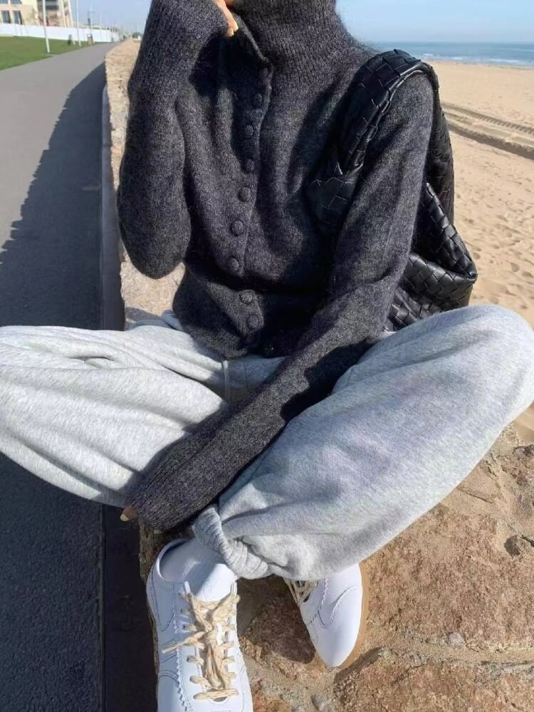 Turtleneck Button-Up Plain Cardigan