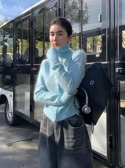 Turtleneck Button-Up Plain Cardigan
