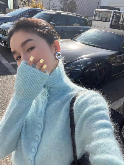 Turtleneck Button-Up Plain Cardigan