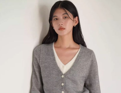 Mock Two-Piece V-Neck Two Tone Button-Up Cardigan
