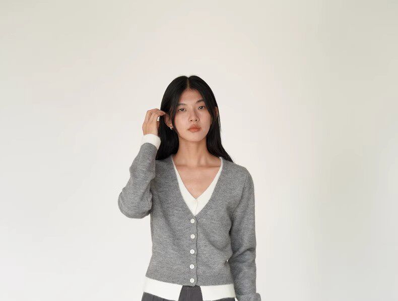 Mock Two-Piece V-Neck Two Tone Button-Up Cardigan