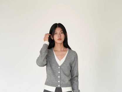 Mock Two-Piece V-Neck Two Tone Button-Up Cardigan