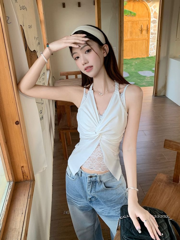 Lace Panel Ruched Back Crop Top