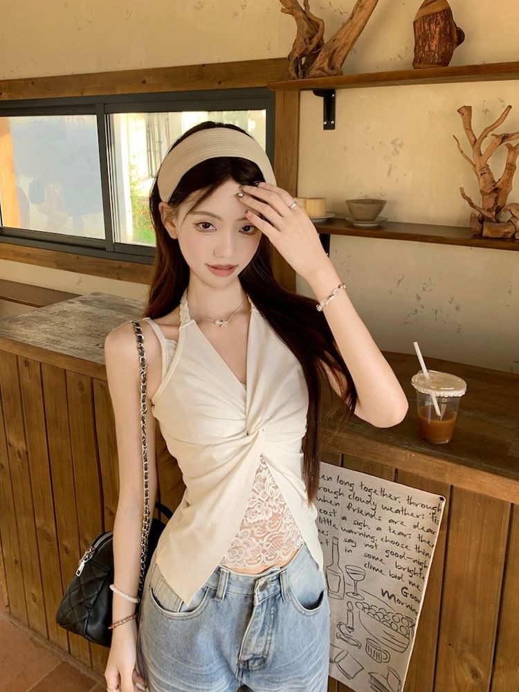 Lace Panel Ruched Back Crop Top