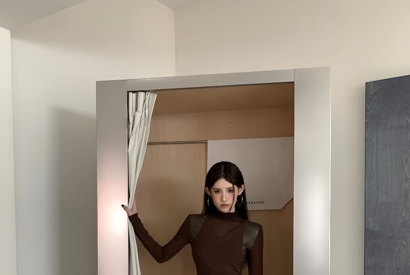 Studded Sheer Panel Turtleneck Tee