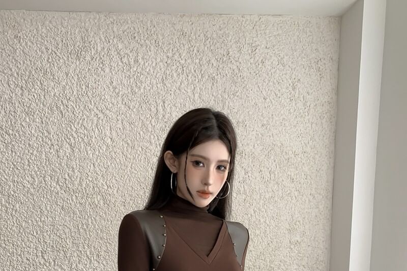 Studded Sheer Panel Turtleneck Tee