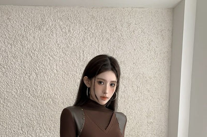 Studded Sheer Panel Turtleneck Tee