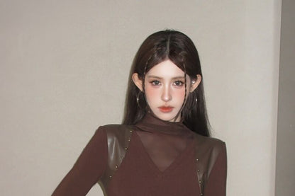 Studded Sheer Panel Turtleneck Tee