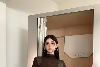 Studded Sheer Panel Turtleneck Tee