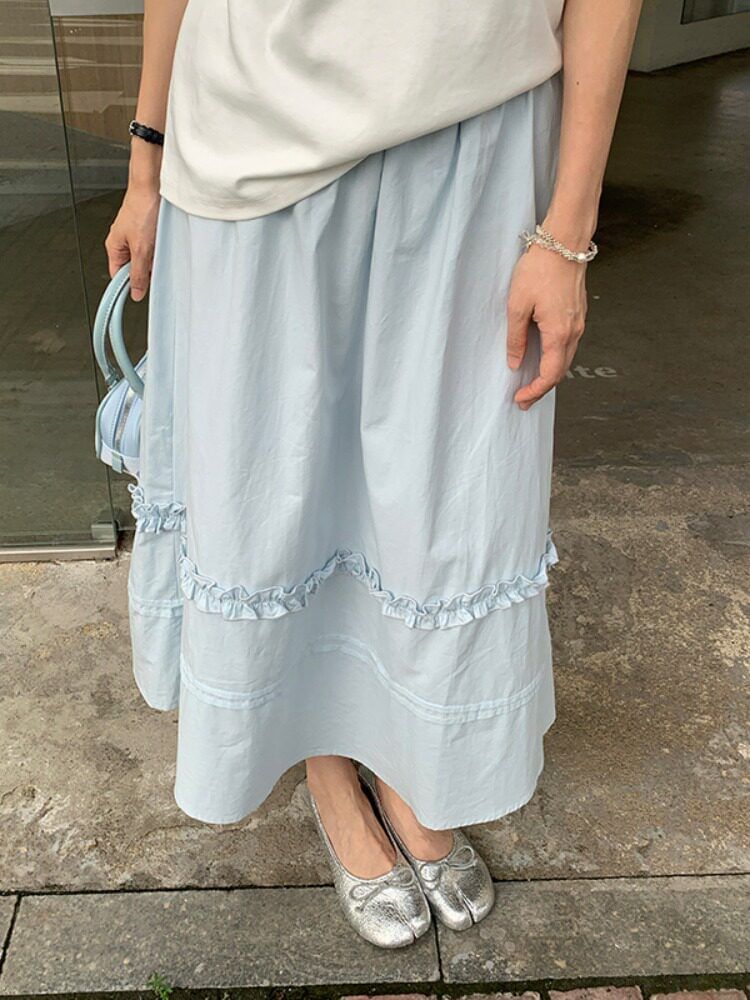 Black High-Waisted Frilled A-Line Midi Skirt - Altfashion Shop