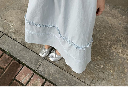 Black High-Waisted Frilled A-Line Midi Skirt - Altfashion Shop