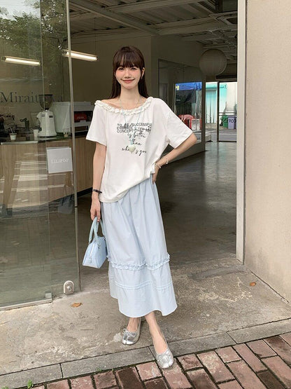 Black High-Waisted Frilled A-Line Midi Skirt - Altfashion Shop