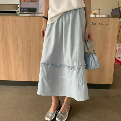 Black High-Waisted Frilled A-Line Midi Skirt - Altfashion Shop
