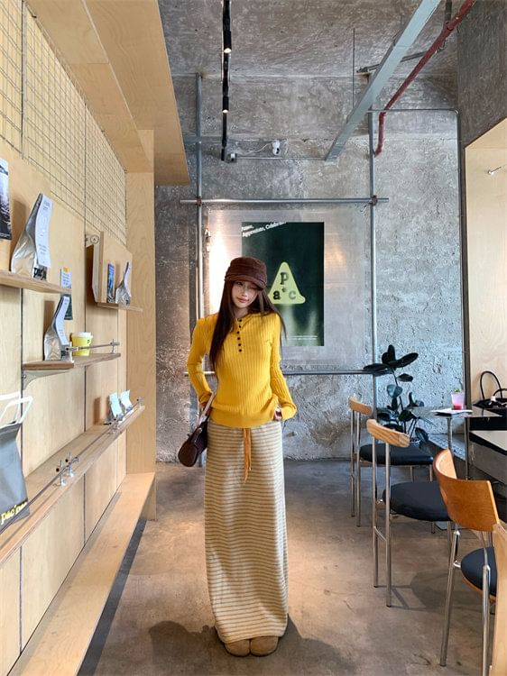 Black Knit Top with Striped Maxi Skirt - Altfashion Shop
