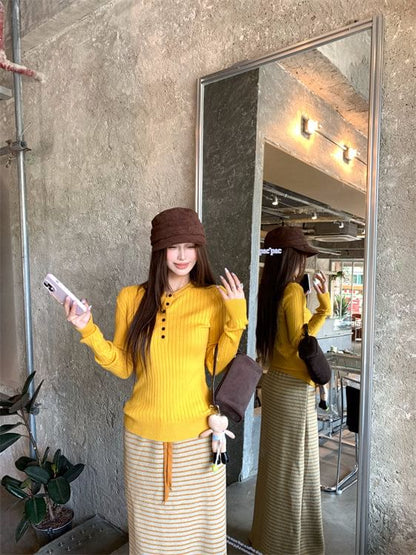 Black Knit Top with Striped Maxi Skirt - Altfashion Shop