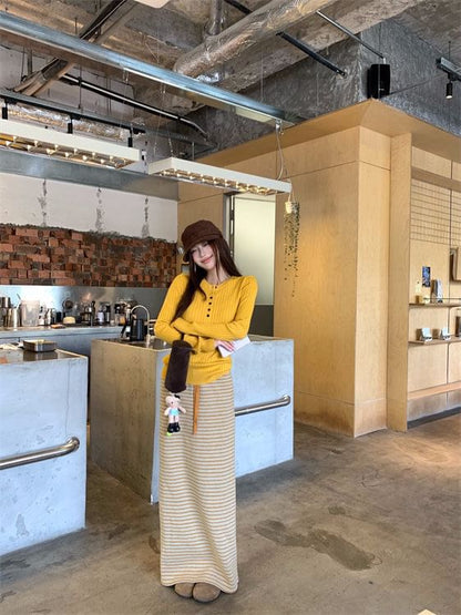 Black Knit Top with Striped Maxi Skirt - Altfashion Shop