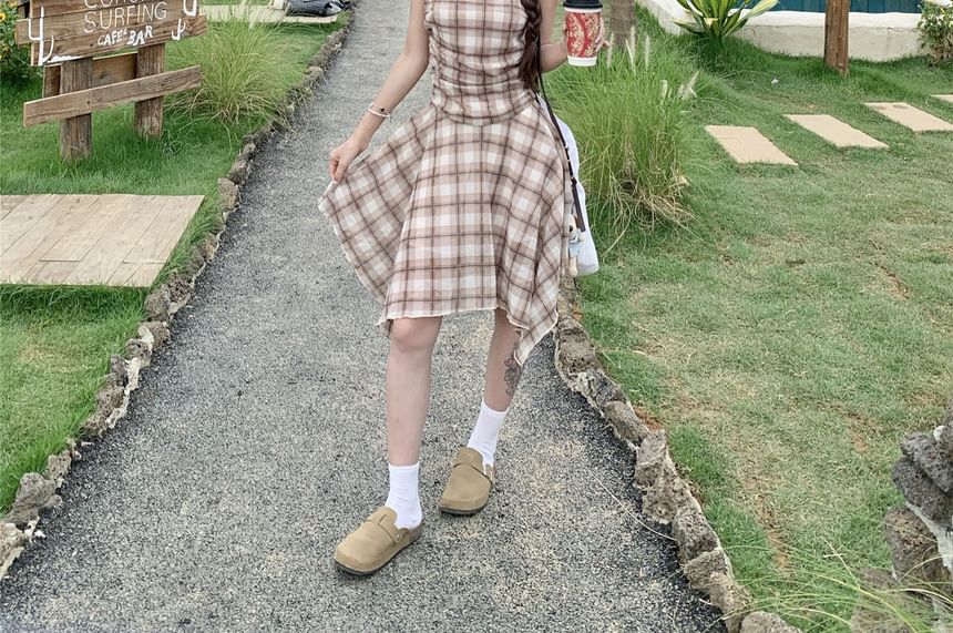 Spaghetti Strap Scoop Neck Plaid Asymmetrical A-Line Dress