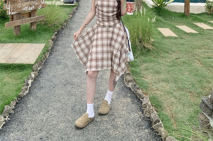 Spaghetti Strap Scoop Neck Plaid Asymmetrical A-Line Dress