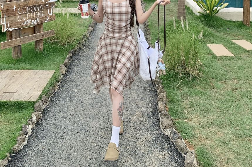 Spaghetti Strap Scoop Neck Plaid Asymmetrical A-Line Dress