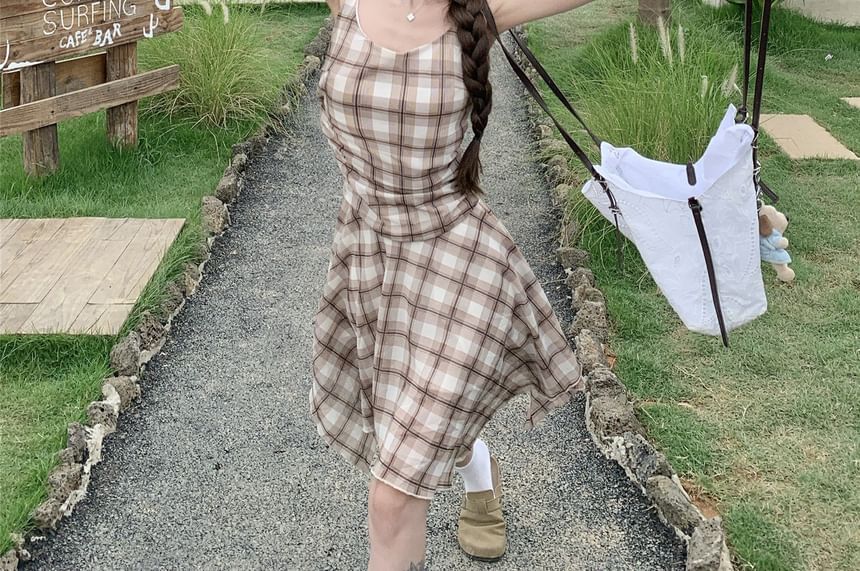 Spaghetti Strap Scoop Neck Plaid Asymmetrical A-Line Dress