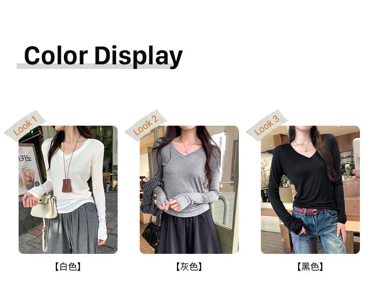 V-Neck Long-Sleeve Tee - Solid Basic