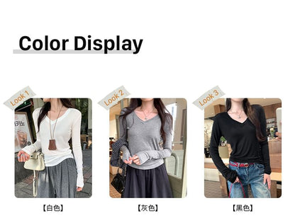 V-Neck Long-Sleeve Tee - Solid Basic