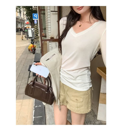 V-Neck Long-Sleeve Tee - Solid Basic