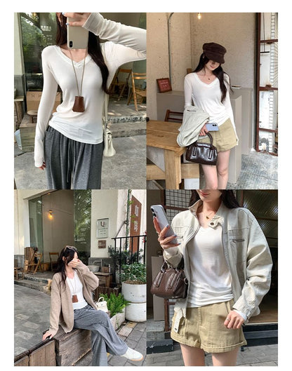 V-Neck Long-Sleeve Tee - Solid Basic