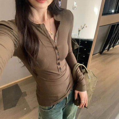 Ribbed Henley Tee - Long Sleeve Solid Comfort