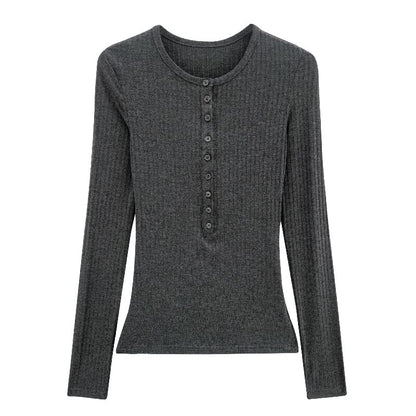 Ribbed Henley Tee - Long Sleeve Solid Comfort
