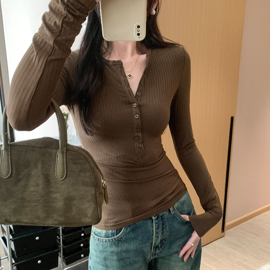 Ribbed Henley Tee - Long Sleeve Solid Comfort