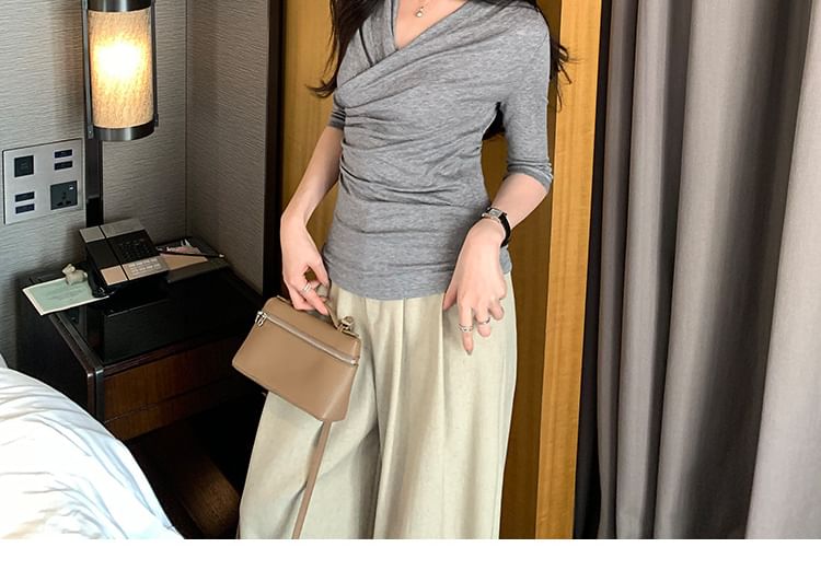 Ruched Wrap Top with V-Neck - Elbow Sleeve