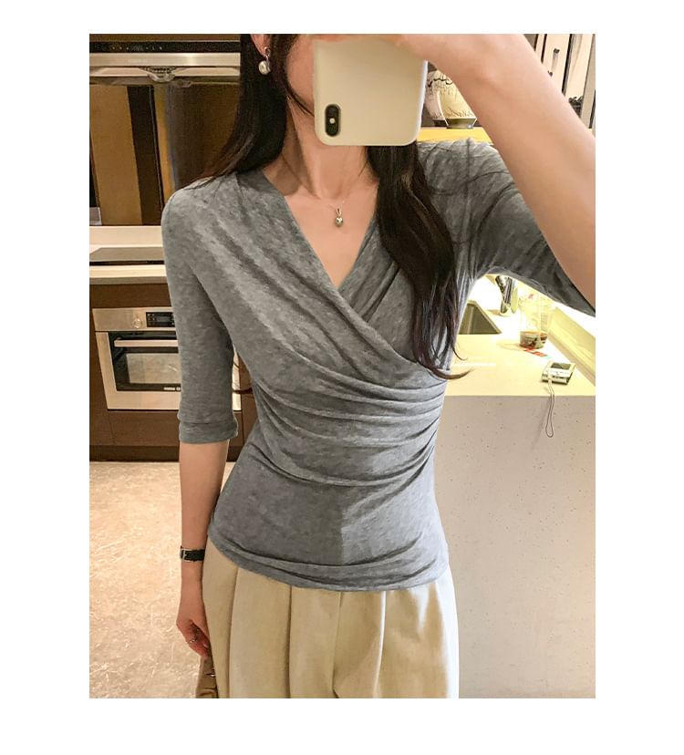 Ruched Wrap Top with V-Neck - Elbow Sleeve
