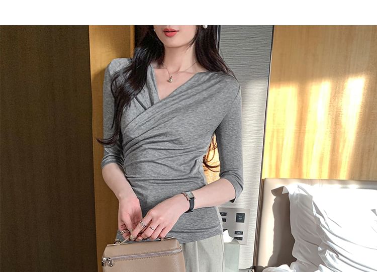 Ruched Wrap Top with V-Neck - Elbow Sleeve