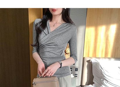 Ruched Wrap Top with V-Neck - Elbow Sleeve