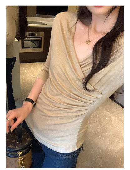 Ruched Wrap Top with V-Neck - Elbow Sleeve