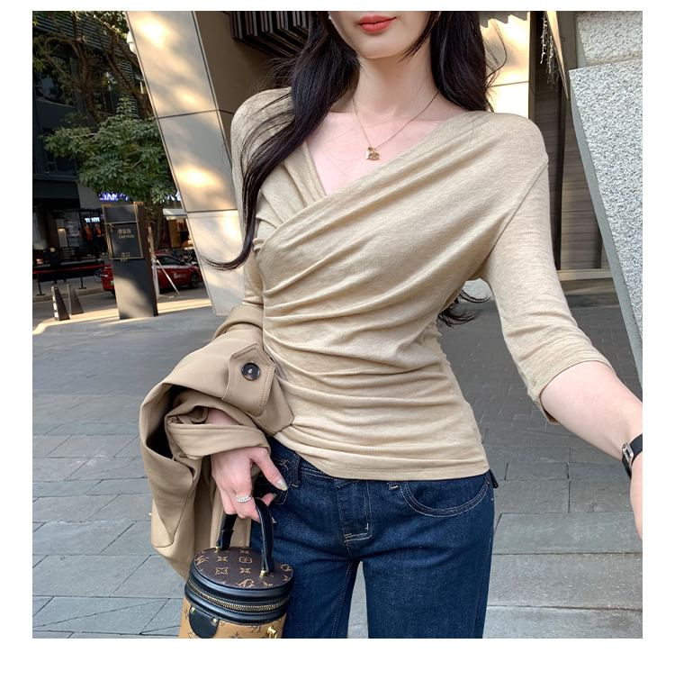 Ruched Wrap Top with V-Neck - Elbow Sleeve