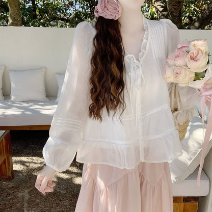 Frill Trim Sheer V-Neck Blouse