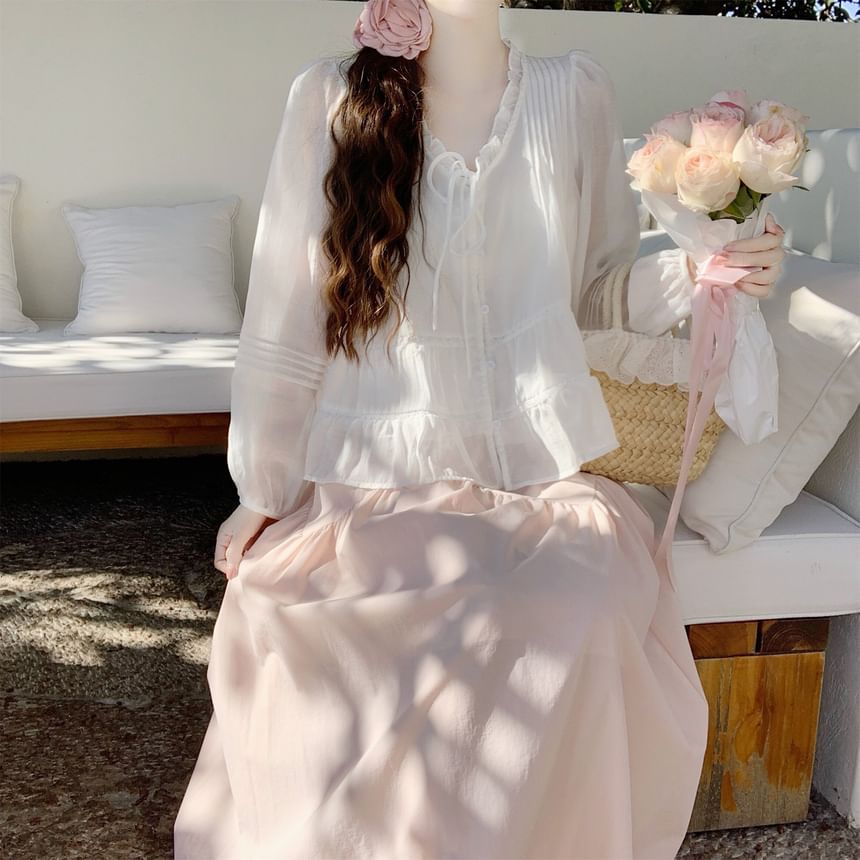 Frill Trim Sheer V-Neck Blouse