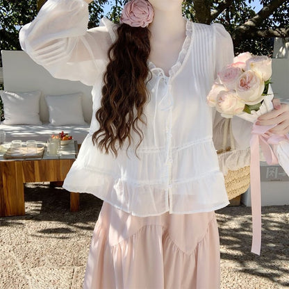 Frill Trim Sheer V-Neck Blouse
