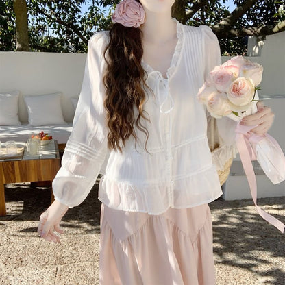 Frill Trim Sheer V-Neck Blouse