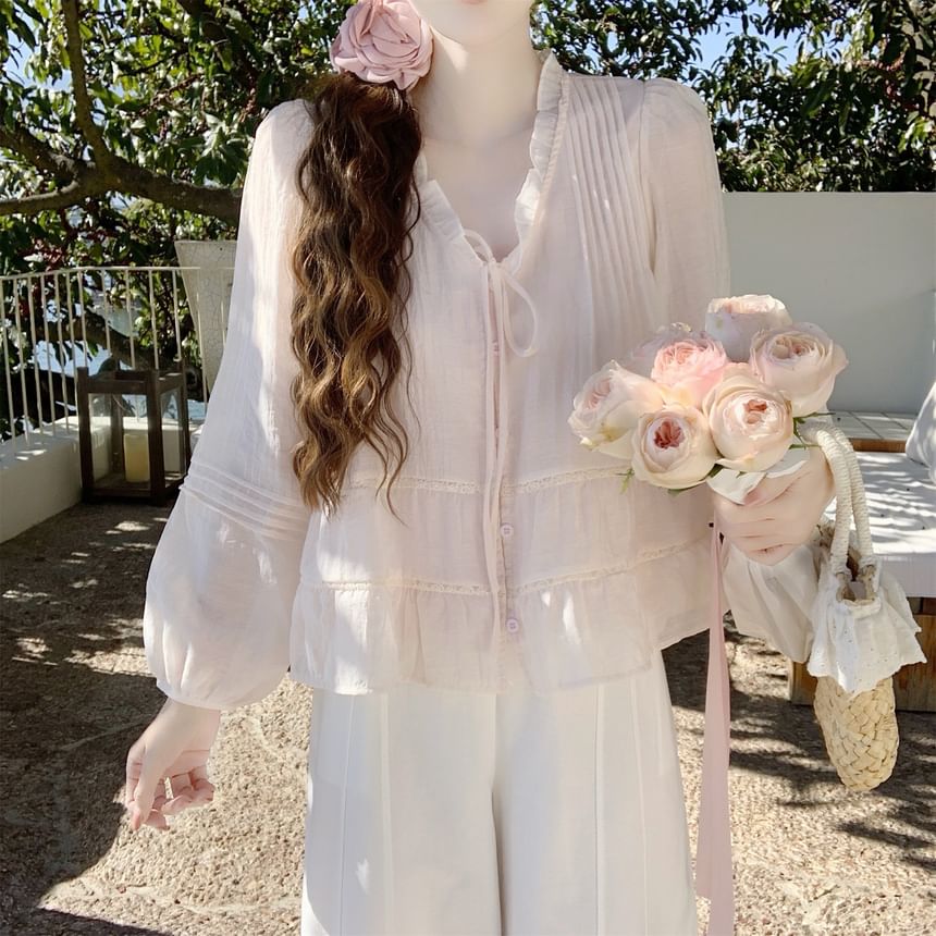 Frill Trim Sheer V-Neck Blouse
