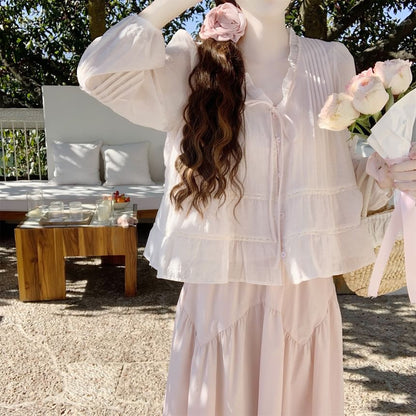 Frill Trim Sheer V-Neck Blouse