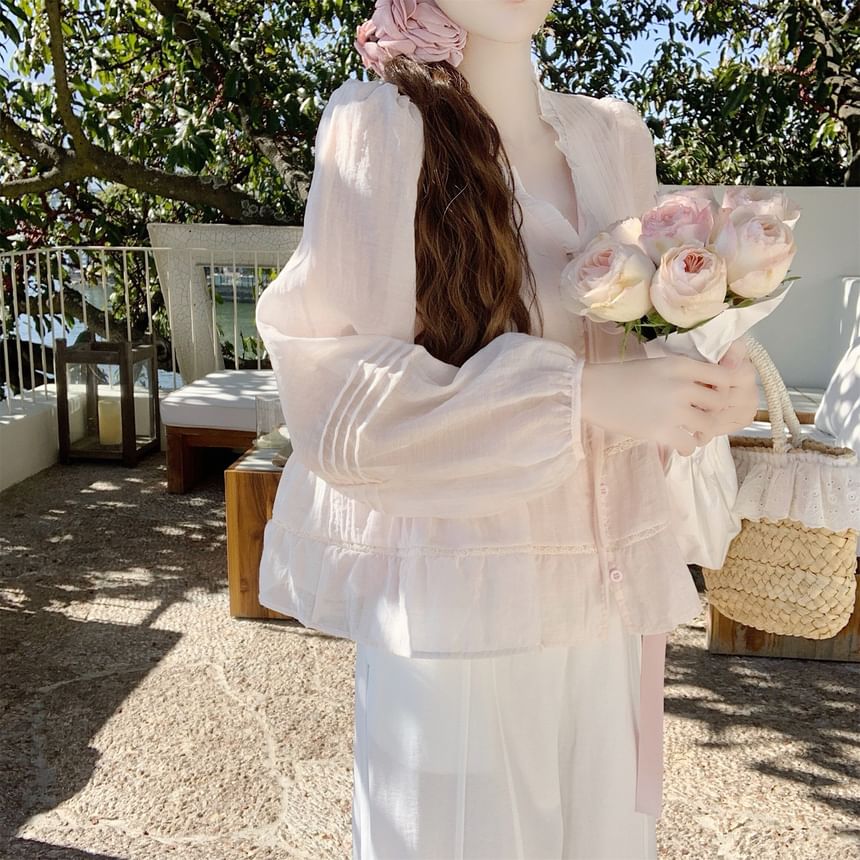 Frill Trim Sheer V-Neck Blouse