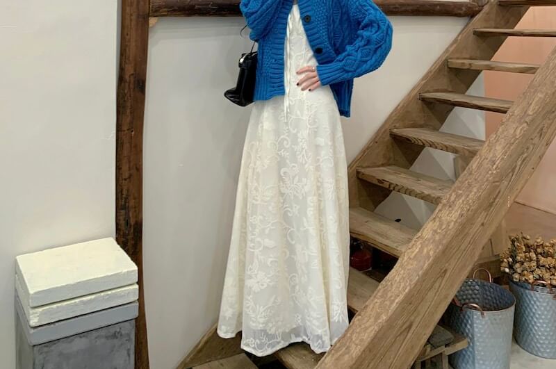 Spaghetti Strap Tie Front Lace Maxi A-Line Dress / Crew Neck Button-Up Plain Cable Knit Cardigan