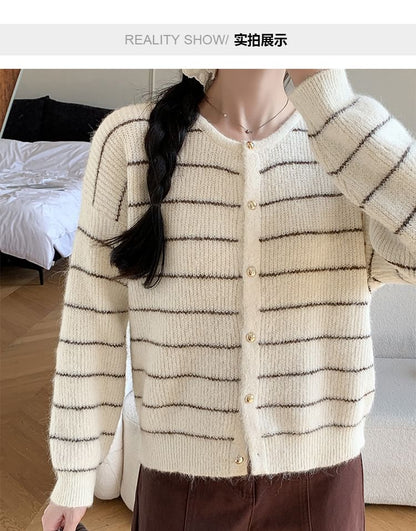 Crew Neck Striped Button-Up Cardigan