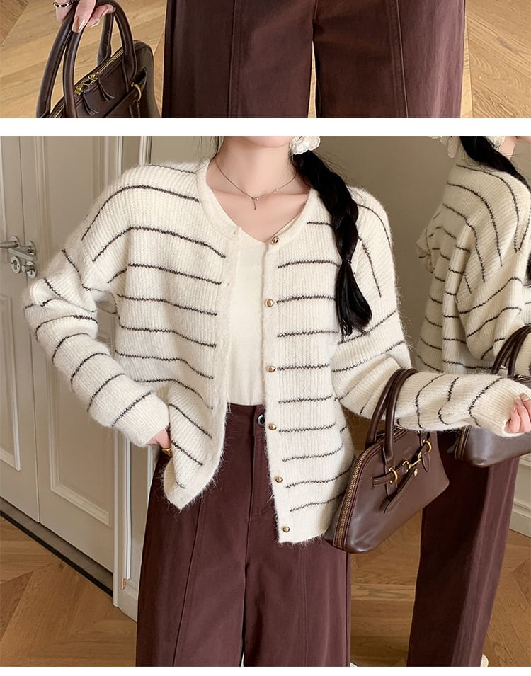 Crew Neck Striped Button-Up Cardigan