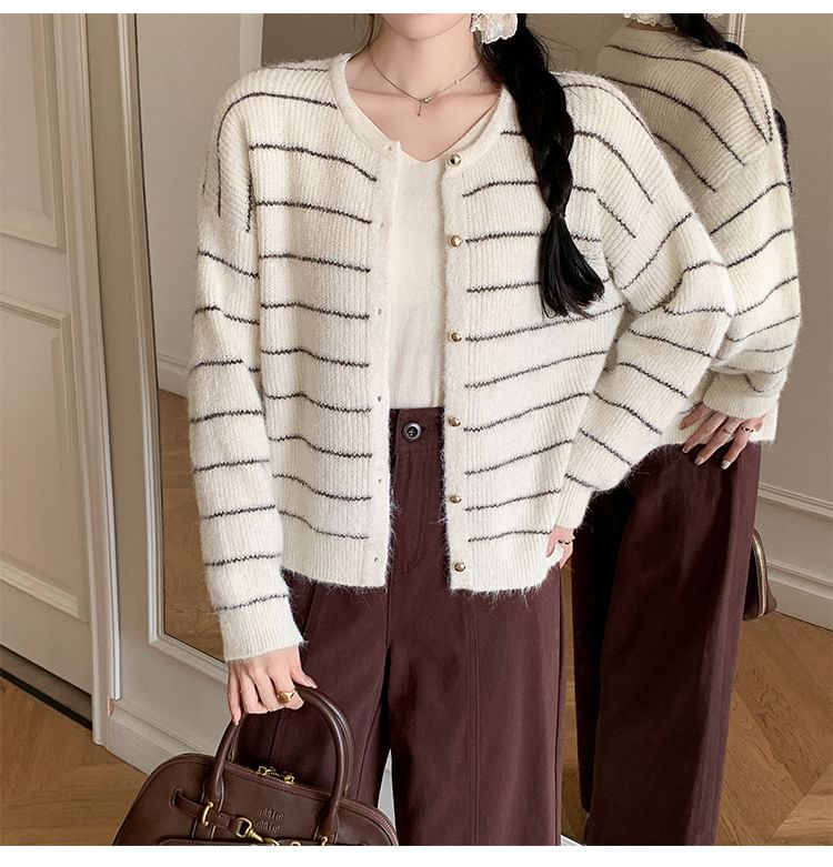 Crew Neck Striped Button-Up Cardigan